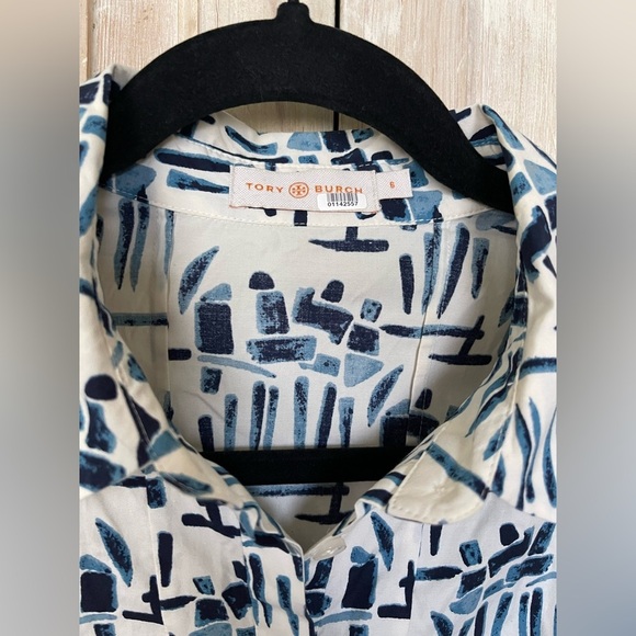 Tory Burch Figurine Stretch Poplin Shirt Dress Blue & White Print - Picture 7 of 9